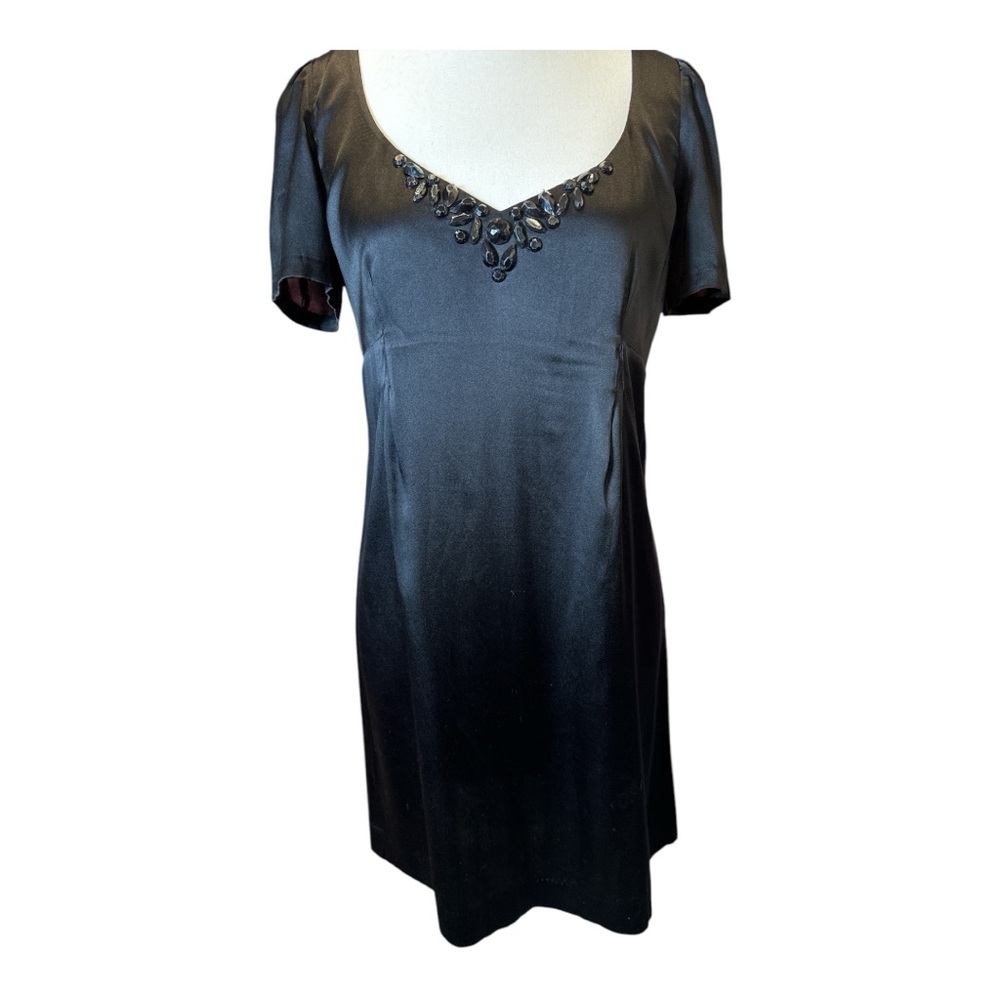 Black Silk Embellished Puff Sleeve Mini Dress